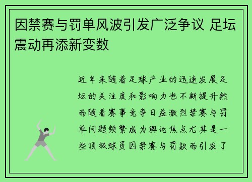 因禁赛与罚单风波引发广泛争议 足坛震动再添新变数