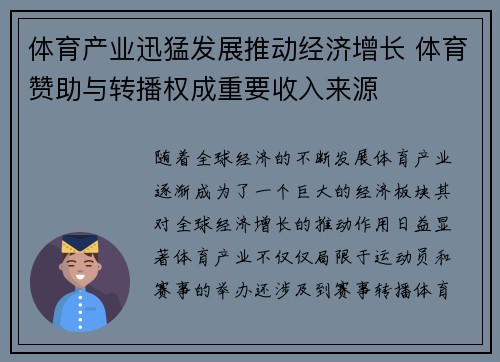 体育产业迅猛发展推动经济增长 体育赞助与转播权成重要收入来源 体育产业迅猛发展推动经济增长 体育赞助与转播权成重要收入来源